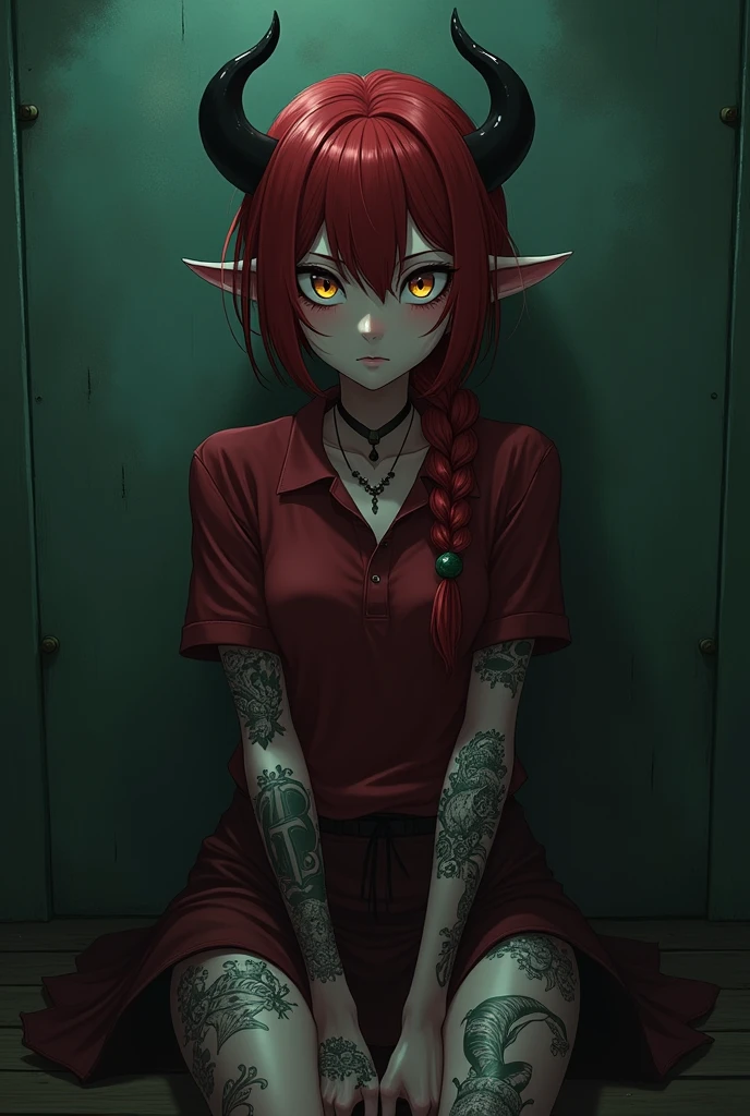 The image is anime style with shadows and dim lights, anime style although somewhat adult and dark, It shows a young woman who is apparently 20 years old., redhead who has her hair in a single large braid, It has only a single small black horn on the right side of its forehead., He has black eye sclera and yellow pupils.. His entire body is tattooed with strange symbols.. She is wearing nothing but a small dark red skirt and a small worn dark red polo shirt.. The background of the image is a green wall. His feet are bare. He looks psychopathic. he would be. evil. you can see his feet. tattooed face. Beautiful feet