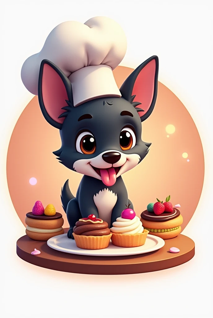 create an animated logo for instagram circular of a black fox terrier baby dog, that he is a pastry chef, that has a chef's hat, eating cakes or cooking. That he is surrounded by cakes with his tongue out and looking straight ahead