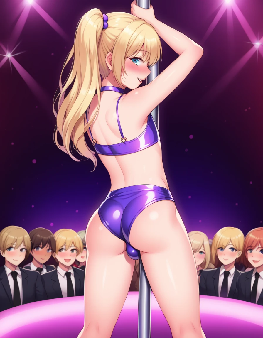 1boy solo, feminine and girly, trap, twink, blush, long blonde hair, detailed and very small bulge, standing, big butt, innocent and cute boy, audience, slutty stripper outfit, pole dancing, stripper, view from behind, audience, strip club,