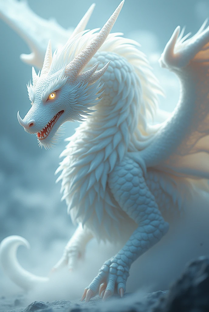 Heavenly-looking white eastern dragon, It has no wings, His look is aggressive, His eyes are white and bright, 