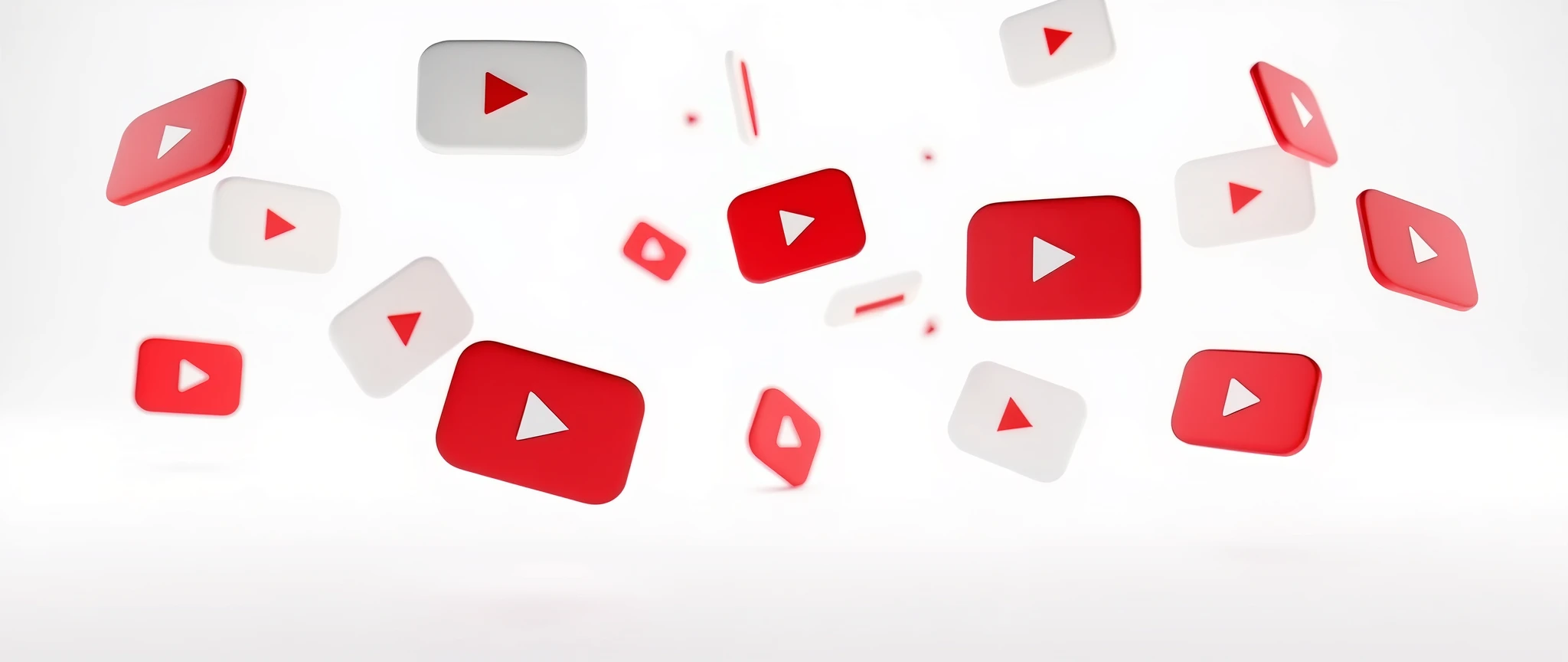 random youtube logos flying in the air, white background