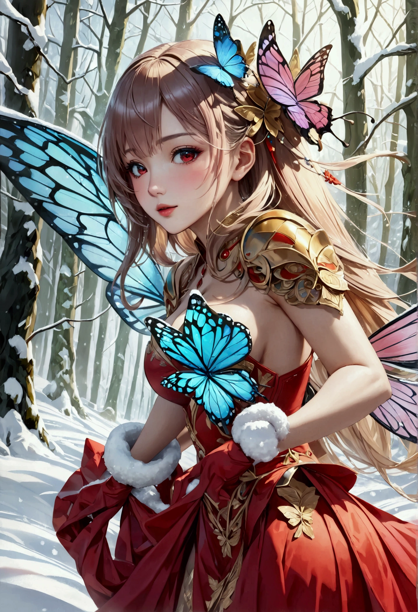 (oil painting art: 1.5) a most beautiful fairy playing in the snow, a beautiful fairy, ((full body shot: 1.5)), (best detailed face: 1.3), spread butterfly wings, dynamic hair color, dynamic hair style, busty, wearing red silk dress, intricate silk, wearing high heels boots, she is playing the snow, fresh snow in the forest, high snow, long shot,  High Detail, Ultra High Quality, High Resolution, 16K Resolution, Ultra HD Pictures, Ultra Realistic, Clear Details, Realistic Detail, Ultra High Definition, DonMF41ryW1ng5XL, Cryptic Paladin 001