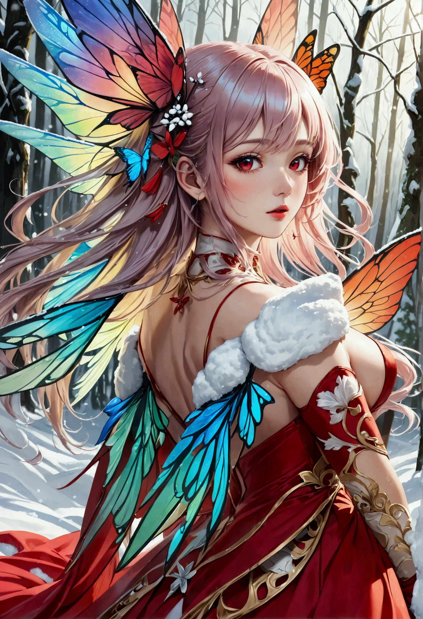 (oil painting art: 1.5) a most beautiful fairy playing in the snow, a beautiful fairy, ((full body shot: 1.5)), (best detailed face: 1.3), spread butterfly wings, dynamic hair color, dynamic hair style, busty, wearing red silk dress, intricate silk, wearing high heels boots, she is playing the snow, fresh snow in the forest, high snow, long shot,  High Detail, Ultra High Quality, High Resolution, 16K Resolution, Ultra HD Pictures, Ultra Realistic, Clear Details, Realistic Detail, Ultra High Definition, DonMF41ryW1ng5XL, Cryptic Paladin 001