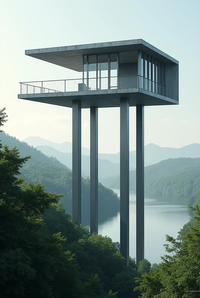 High Pavilion, lost among the trees, built in steel, in front of a lake, out of the water, supported by four tubular columns.