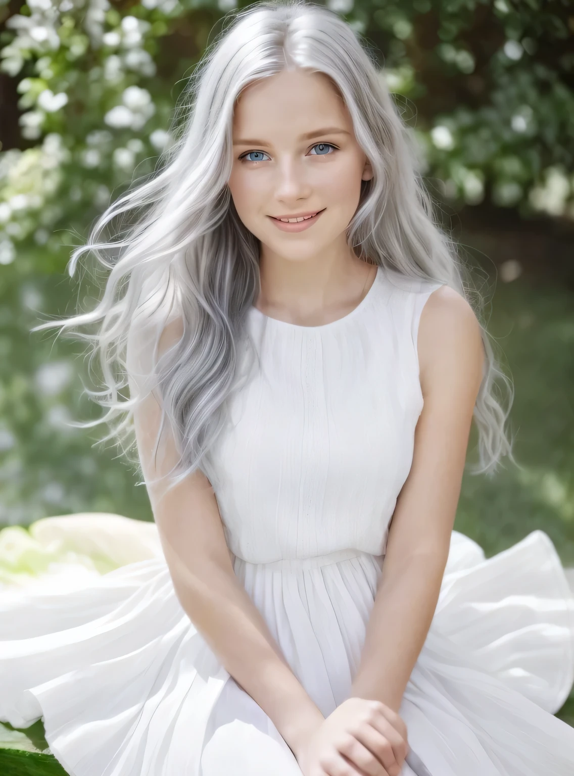very tall woman, beautiful, silver eyes, long silver hair