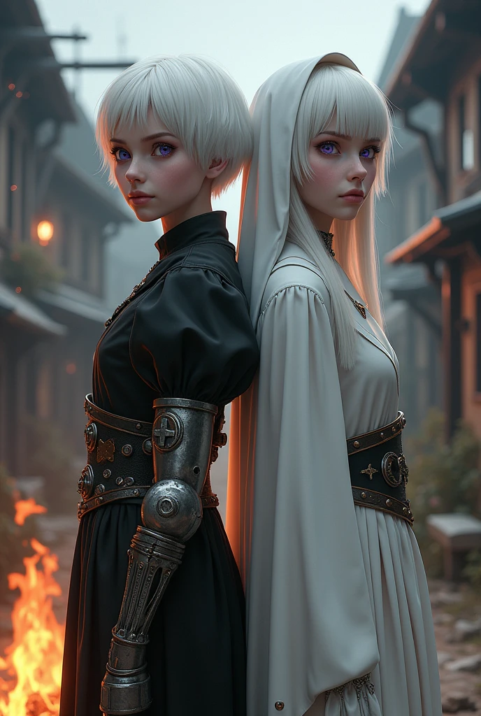 Two albino girls from the Middle Ages with white hair and violet eyes with their backs turned to each other, the one on the left with short hair wearing black alchemist clothes and her left arm with a steampunk prosthesis and the girl on the right wearing white nun clothes., and a cross necklace, facing a bonfire in a village.