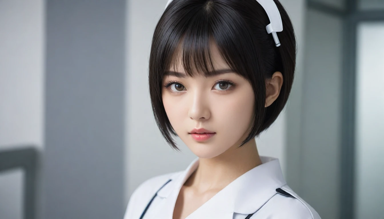 8k, Ultra-high resolution, Highest quality, masterpiece, 三分割法によるphotograph,Surreal, photograph, 1 , (:1.3), cute, cute顔, 細部までBeautiful Eyes, 細かくdetailedに,masterpiece,One Girl:1.2,Japanese women,nurse,upper body,glaring,Black short hair,Bowl cut,ID photo,((Humanoid Android)),(Nurse uniform of the future:1.3),Mechanized body,cyber punk,Eccentric,Medical Treatment Room,white collar,(Beautiful attention to detail),Subtle details, detailedな顔,anger,Attractive eyes,(ポートレートphotograph:1.4),(Photorealistic images:1.4),Fantasy art,(Beautiful Face:1.4),美しくAttractive eyes、Beautiful Eyes,Silver residue,(Tight waist:1.4)、(Beautiful with perfect body proportions:1.4),Pink Lips,profile,(((Ideal body type))),A-cup small breasts :2,、Portraiture:2、Perfect Anatomy、鮮明なdetailed、detailed,Fashion magazine cover,Thin lips,完璧でBeautiful Face ,完璧でcute顔, Skin with attention to detail, Perfect limbs、Narrow waist,Surreal,Light and shadow,spotlight