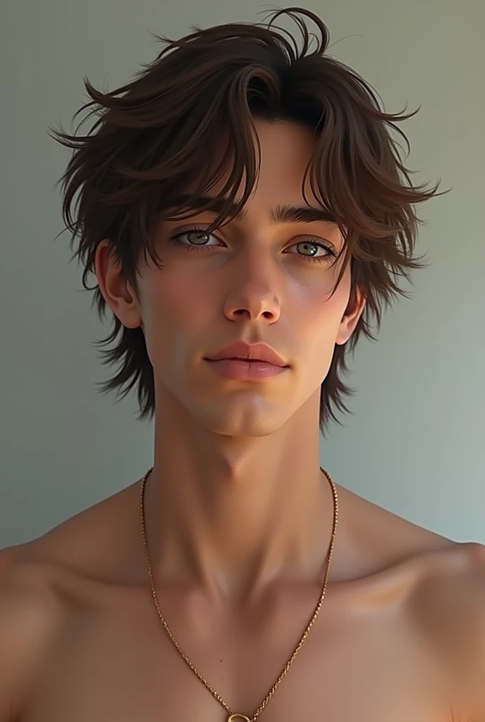 Create a young man who has slightly messy, brown hair. His eyes are grey and he has broad shoulders.. His facial features are elongated and angular with pronounced cheekbones and a marked jaw..