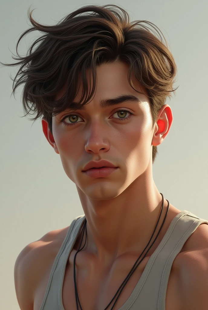 Create a young man who has slightly messy, brown hair. His eyes are grey and he has broad shoulders.. His facial features are elongated and angular with pronounced cheekbones and a marked jaw..
