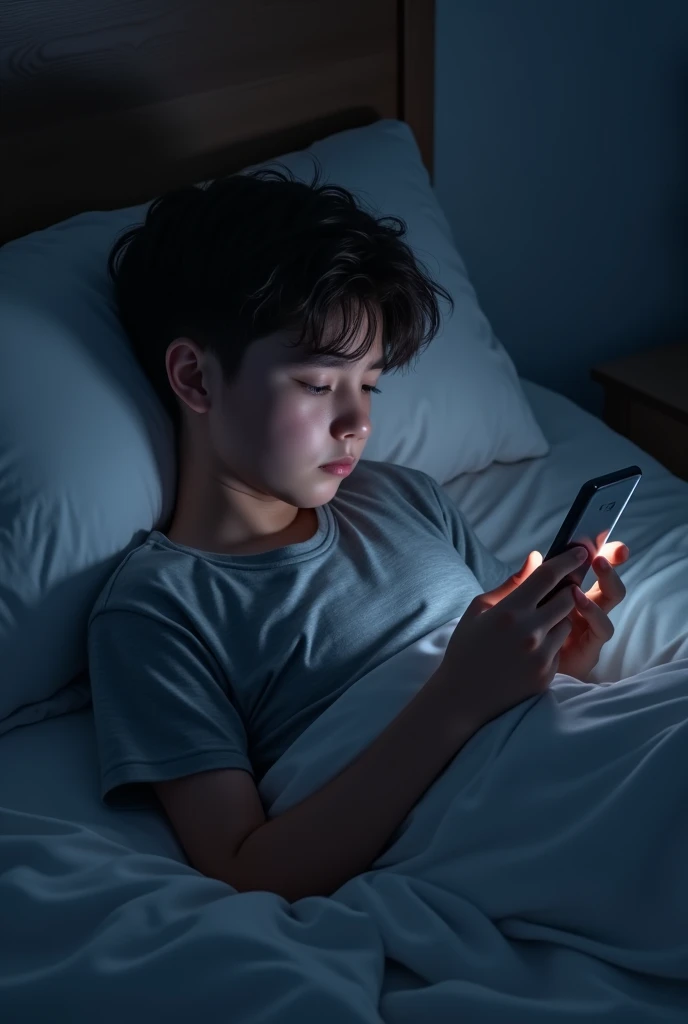 A boy watching chatting wile holding the phone in a one hand in a sleeping position inthe bed.he wares off shot and gray t shirt in mid night.age 15