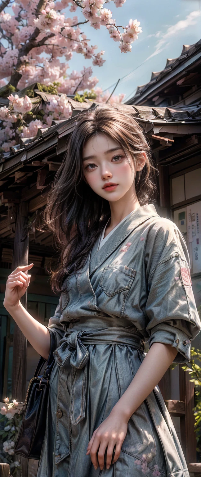 ((masterpiece, highest quality, Highest image quality, High resolution, photorealistic, Raw photo, 8K)), Spring Morning, In a rural Japanese town, students head for the train station along a road lined with cherry blossom trees, (View from below:1.3), 
