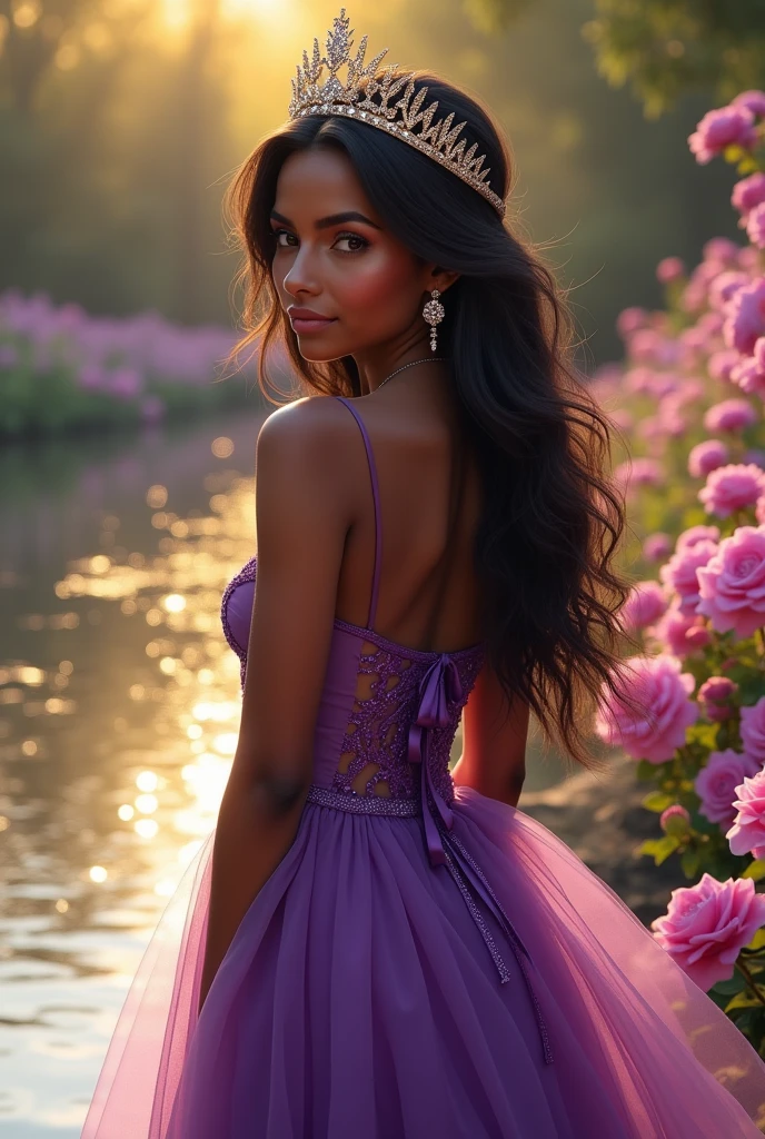 Dark-skinned woman in a dress with a bow at the back of the dress and a gold crown and silver stones for a purple 15th birthday party with pink flowers, purple and yellow in a lake in the afternoon full of flowers and green leaves loose hair