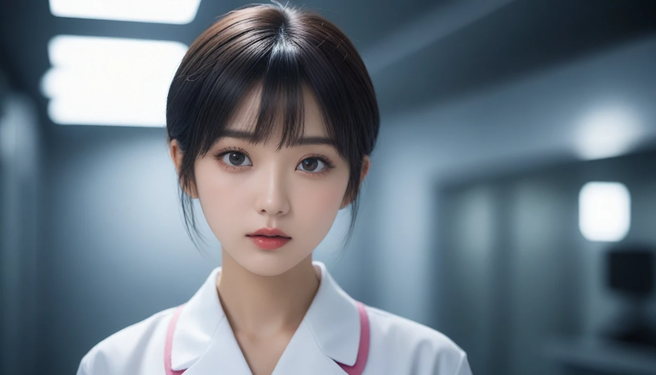 8k, Ultra-high resolution, Highest quality, masterpiece, 三分割法によるphotograph,Surreal, photograph, 1 , (:1.3), cute, cute顔, 細部までBeautiful Eyes, 細かくdetailedに,masterpiece,One Girl:1.2,Japanese women,nurse,upper body,glaring,Black short hair,Bowl cut,ID photo,((Fusion of humans and androids)),(Nurse uniform of the future:1.3),cyber punk,Eccentric,Medical Treatment Room,white collar,(Beautiful attention to detail),Subtle details, detailedな顔,anger,Attractive eyes,(ポートレートphotograph:1.4),(Photorealistic images:1.4),Fantasy art,(Beautiful Face:1.4),美しくAttractive eyes、Beautiful Eyes,Silver residue,(Tight waist:1.4)、(Beautiful with perfect body proportions:1.4),Pink Lips,profile,(((Ideal body type))),A-cup small breasts :2,、Portraiture:2、Perfect Anatomy、鮮明なdetailed、detailed,Fashion magazine cover,Thin lips,完璧でBeautiful Face ,完璧でcute顔, Skin with attention to detail, Perfect limbs、Narrow waist,Surreal,Light and shadow,spotlight