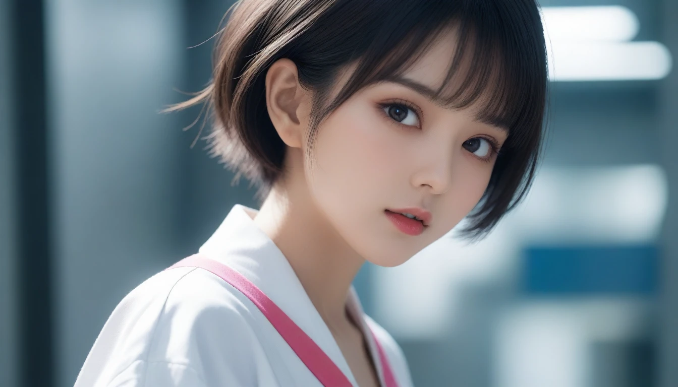 8k, Ultra-high resolution, Highest quality, masterpiece, 三分割法によるphotograph,Surreal, photograph, 1 , (:1.3), cute, cute顔, 細部までBeautiful Eyes, 細かくdetailedに,masterpiece,One Girl:1.2,Japanese women,nurse,upper body,glaring,Black short hair,Bowl cut,ID photo,((Fusion of humans and androids)),(Nurse uniform of the future:1.3),cyber punk,Eccentric,Medical Treatment Room,white collar,(Beautiful attention to detail),Subtle details, detailedな顔,anger,Attractive eyes,(ポートレートphotograph:1.4),(Photorealistic images:1.4),Fantasy art,(Beautiful Face:1.4),美しくAttractive eyes、Beautiful Eyes,Silver residue,(Tight waist:1.4)、(Beautiful with perfect body proportions:1.4),Pink Lips,profile,(((Ideal body type))),A-cup small breasts :2,、Portraiture:2、Perfect Anatomy、鮮明なdetailed、detailed,Fashion magazine cover,Thin lips,完璧でBeautiful Face ,完璧でcute顔, Skin with attention to detail, Perfect limbs、Narrow waist,Surreal,Light and shadow,spotlight