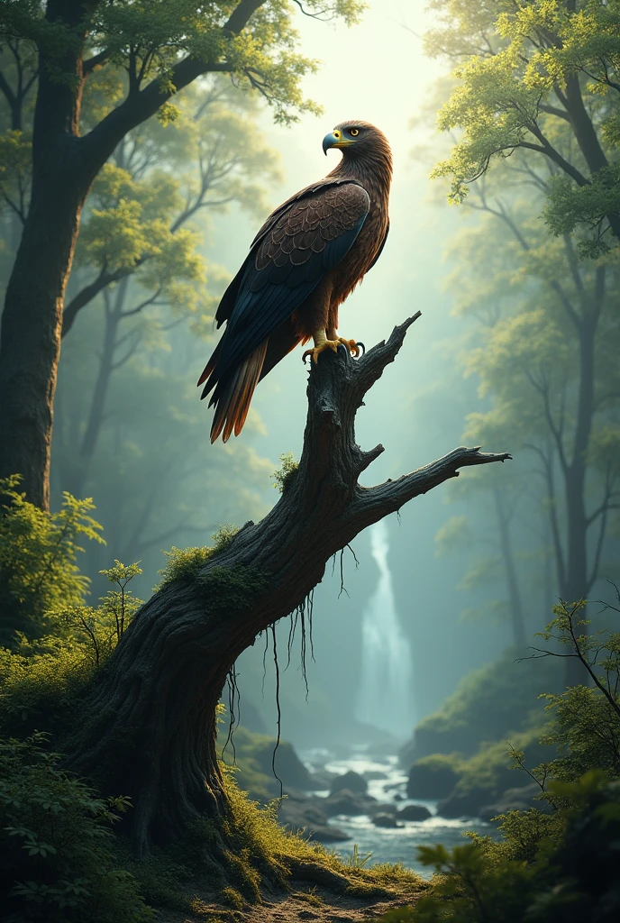 Eagle on dead tree with many branches in forest