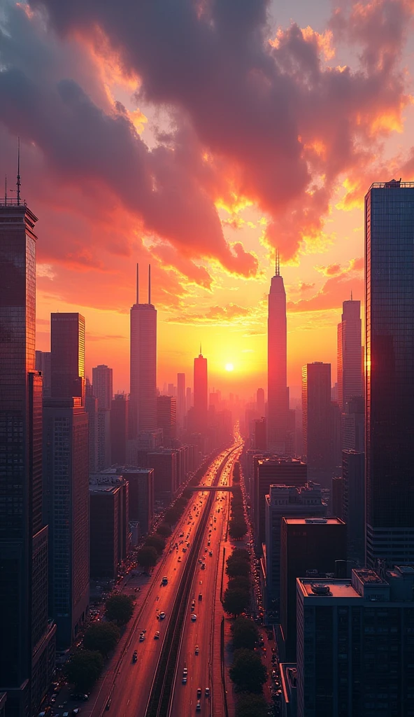 A beautiful sunset in a city. 