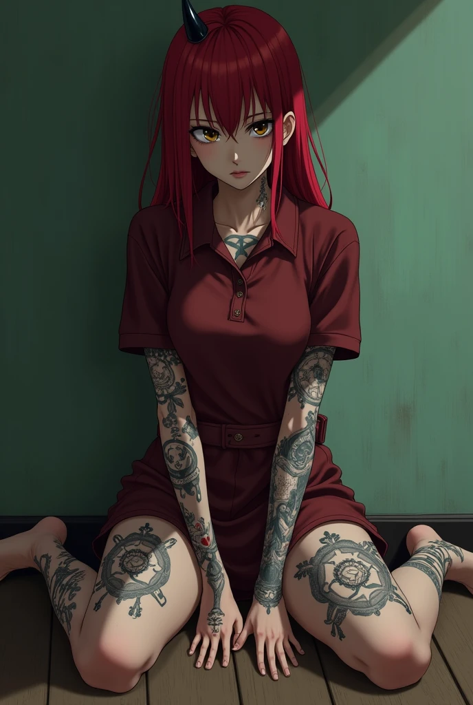 The image is anime style with shadows and dim lights, anime style although somewhat adult and dark, It shows a young woman who is apparently 20 years old., redhead who has her hair in a single large braid, It has only a single small black horn on the right side of its forehead., He has black eye sclera and yellow pupils.. His entire body is tattooed with strange symbols.. She is wearing nothing but a small dark red skirt and a small worn dark red polo shirt.. The background of the image is a green wall. His feet are bare. He looks psychopathic. he would be. evil. you can see his feet. tattooed face. Beautiful feet. a horn.