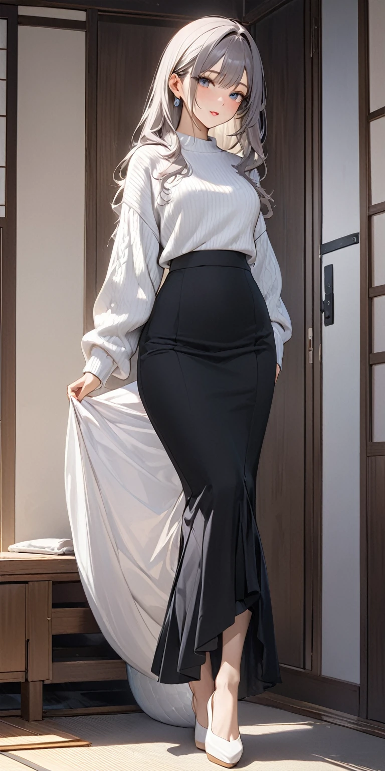 Portraiture、(masterpiece,Highest quality,Ultra-high resolution),Japanese women, (((Very beautiful woman))),White mermaid style high waist long skirt、The skirt is ankle-length、The skirt fits snugly to the body、Fitted sweaters、