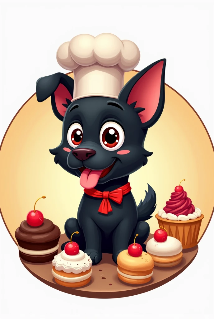 create an animated logo for instagram circular of a black fox terrier baby dog and a white trunk, that he is a pastry chef, that has a chef's hat, eating cakes or cooking. That he is surrounded by cakes with his tongue out and looking straight ahead