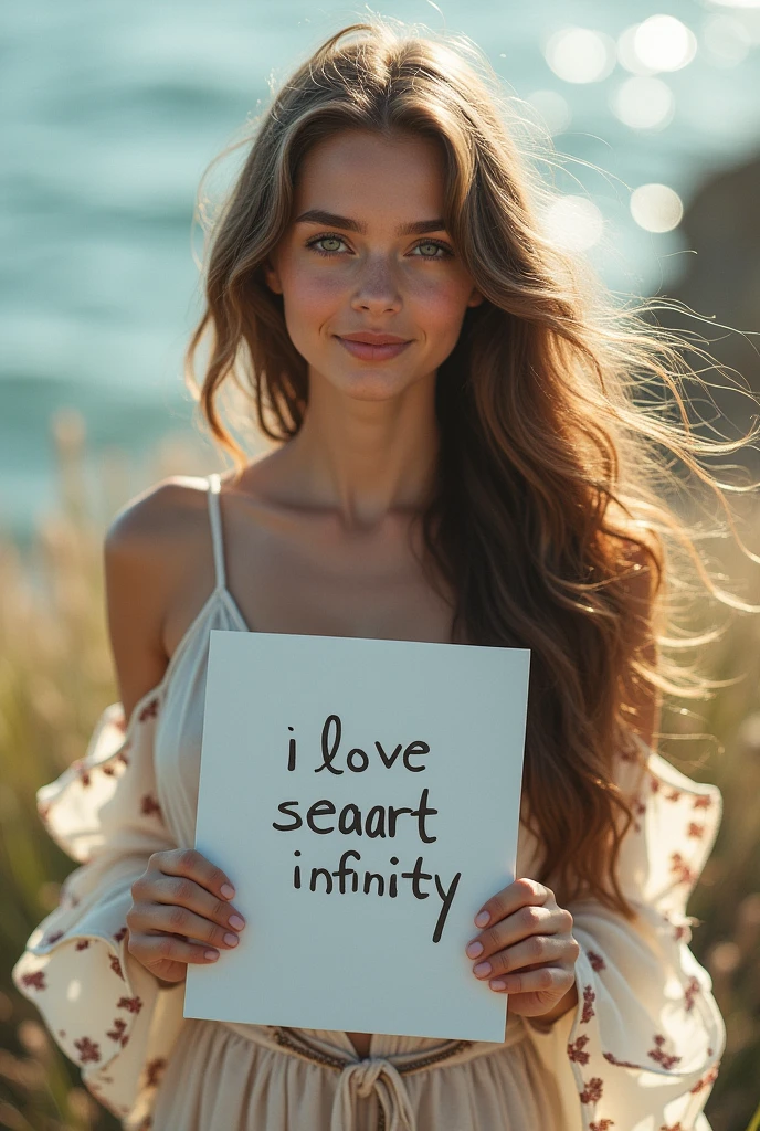 Beautiful girl with wavy long hair, bohemian dress, holding a white board with text "I Love Seaart Infinity" and showing it to the viewer