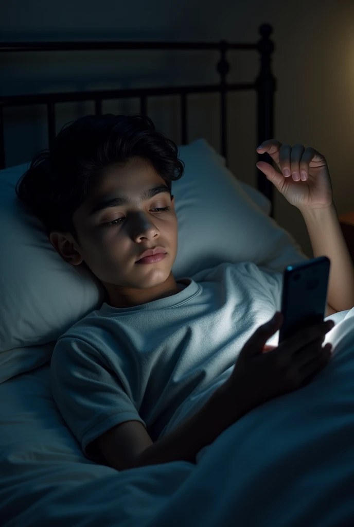 A boy watching chatting wile holding the phone in a one hand in a sleeping position inthe bed.he wares off shot and gray t shirt in mid night.age 15.indian face