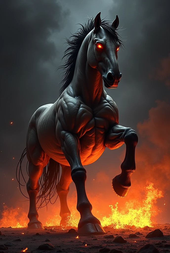 Create a round image with a black attacking aggressive PullHorse with exaggerated protruding muscles and veins and fiery red eyes, which stands on its hind legs and with its front hoof in a black, carbonizing, flames ground in stomps. The background should be a flaming inferno and otherwise a black background.