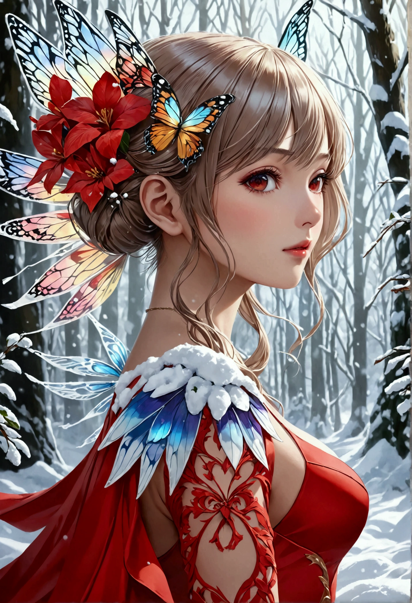 (oil painting art: 1.5) a most beautiful fairy playing in the snow, a beautiful fairy, ((full body shot: 1.5)), (best detailed face: 1.3), spread butterfly wings, dynamic hair color, dynamic hair style, busty, wearing red silk dress, intricate silk, wearing high heels boots, she is playing the snow, fresh snow in the forest, high snow, long shot,  High Detail, Ultra High Quality, High Resolution, 16K Resolution, Ultra HD Pictures, Ultra Realistic, Clear Details, Realistic Detail, Ultra High Definition, DonMF41ryW1ng5XL, Cryptic Paladin 001