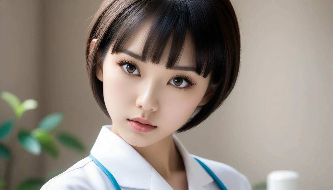 8k, Ultra-high resolution, Highest quality, masterpiece, 三分割法によるphotograph,Surreal, photograph, 1 , (:1.3), cute, cute顔, 細部までBeautiful Eyes, 細かくdetailedに,masterpiece,One Girl:1.2,Japanese women,nurse,upper body,glaring,Black short hair,Bowl cut,ID photo,((Fusion of humans and androids)),(Nurse uniform of the future:1.3),cyber punk,Eccentric,Medical Treatment Room,white collar,(Beautiful attention to detail),Subtle details, detailedな顔,anger,Attractive eyes,(ポートレートphotograph:1.4),(Photorealistic images:1.4),Fantasy art,(Beautiful Face:1.4),美しくAttractive eyes、Beautiful Eyes,Silver residue,(Tight waist:1.4)、(Beautiful with perfect body proportions:1.4),Pink Lips,profile,(((Ideal body type))),A-cup small breasts :2,、Portraiture:2、Perfect Anatomy、鮮明なdetailed、detailed,Fashion magazine cover,Thin lips,完璧でBeautiful Face ,完璧でcute顔, Skin with attention to detail, Perfect limbs、Narrow waist,Surreal,Light and shadow,spotlight