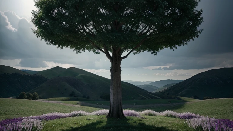 Purple-green landscape with all silver-whites in the center a fantasy tree and a black background  