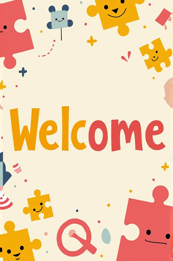 The word welcome in yellow and pink colors and symbols of autism and children