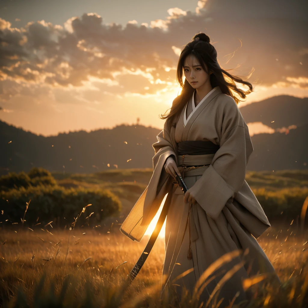 A lone samurai woman standing in a peaceful field at dusk, ready to draw her katana. She is wearing traditional samurai attire from the Sengoku period of Japan, consisting of a black and dark brown kimono-style robe with wide sleeves, tied with a dark obi around her waist. Her right hand is gripping the hilt of her katana, positioned near her waist as she prepares to draw it, while her left hand is steadying the sheath. Her posture is tense but focused, capturing the precise moment before action. Her hair is tied up in a traditional warrior style, and her face shows calm determination. The scene is set in a quiet field with tall grasses swaying gently in the wind, under the fading light of dusk. The color palette is soft and muted, with earthy tones for both the environment and her attire, and the background is simple, with birds flying in the distance."Additional Parameters:Style: Realistic, with a focus on action and tension in the poseLighting: Soft dusk lighting with warm, fading sunlight casting long shadowsColors: Dark black and brown tones for the attire, earthy and muted tones for the grass and skyComposition: The samurai woman centered, in a poised stance, with her katana halfway drawn, the quiet field around her creating a sense of serenity and focusEnvironment: Quiet field at dusk, soft wind moving the tall grass, birds flying in the distance