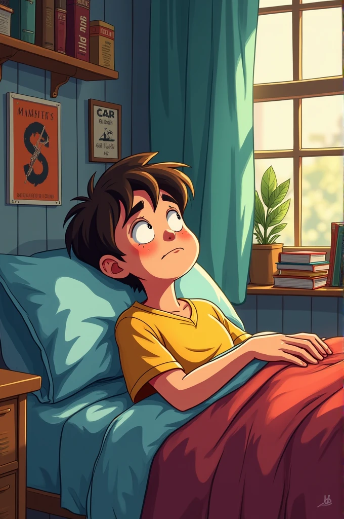 Description: carl, A young man, He is lying in his bed. His room has posters of rock bands on the walls, books scattered on the desk, and a window through which sunlight enters. carl mira al techo, with a worried and thoughtful expression on his face. make it animated and easy to draw