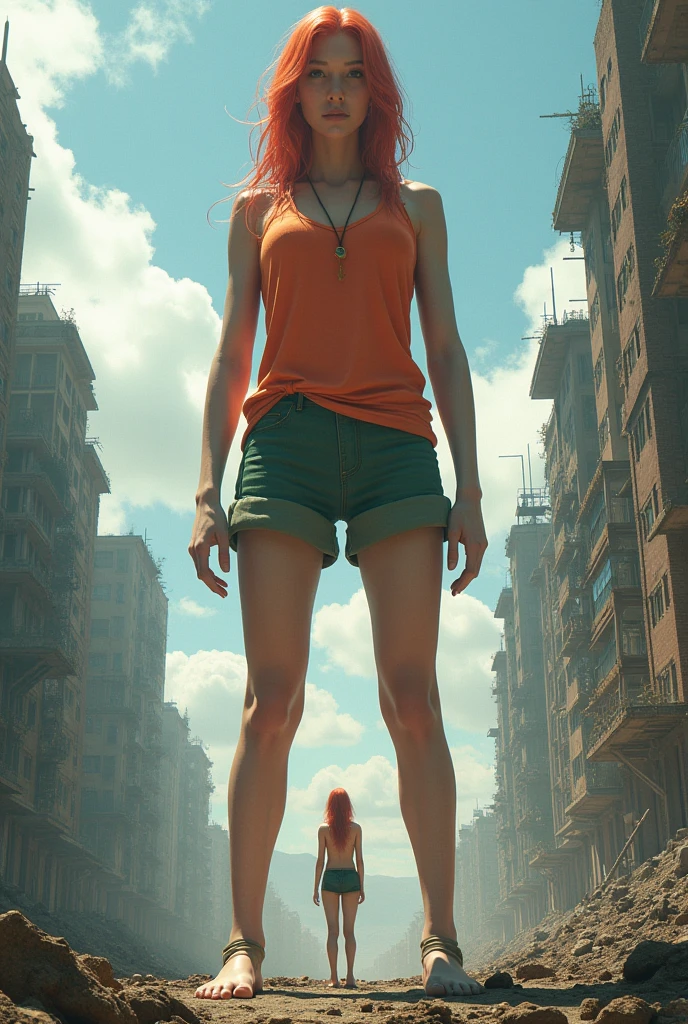 woman with red hair, turned into a giant taller than buildings, shrunken people, bloded belly,