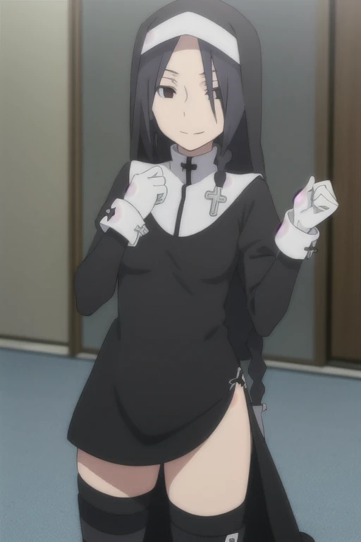 shinatsuhiko_yae, long hair, black hair, black eyes, nun, cross, striped thighhighs, long sleeves, dress, jewelry, side slit,white footwear,boots, room, white gloves, Solo, 1girl, smile