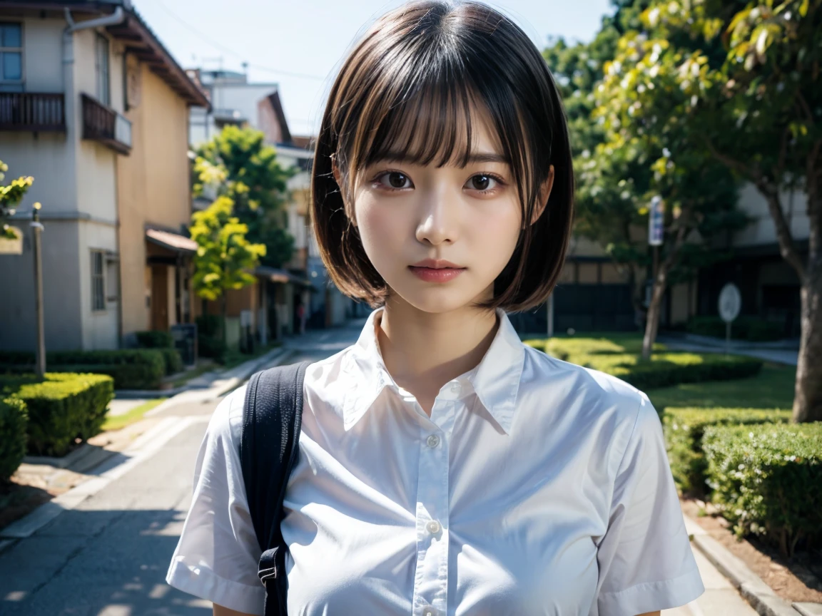 (8k, RAW photo, best quality, masterpiece:1.2), (realistic, photo-realistic:1.4), (extremely detailed 8k wallpaper), japanese pretty girl in school, white shirt, blue buruma, short bob hair, black hair, standing, shirtlift, BREAK