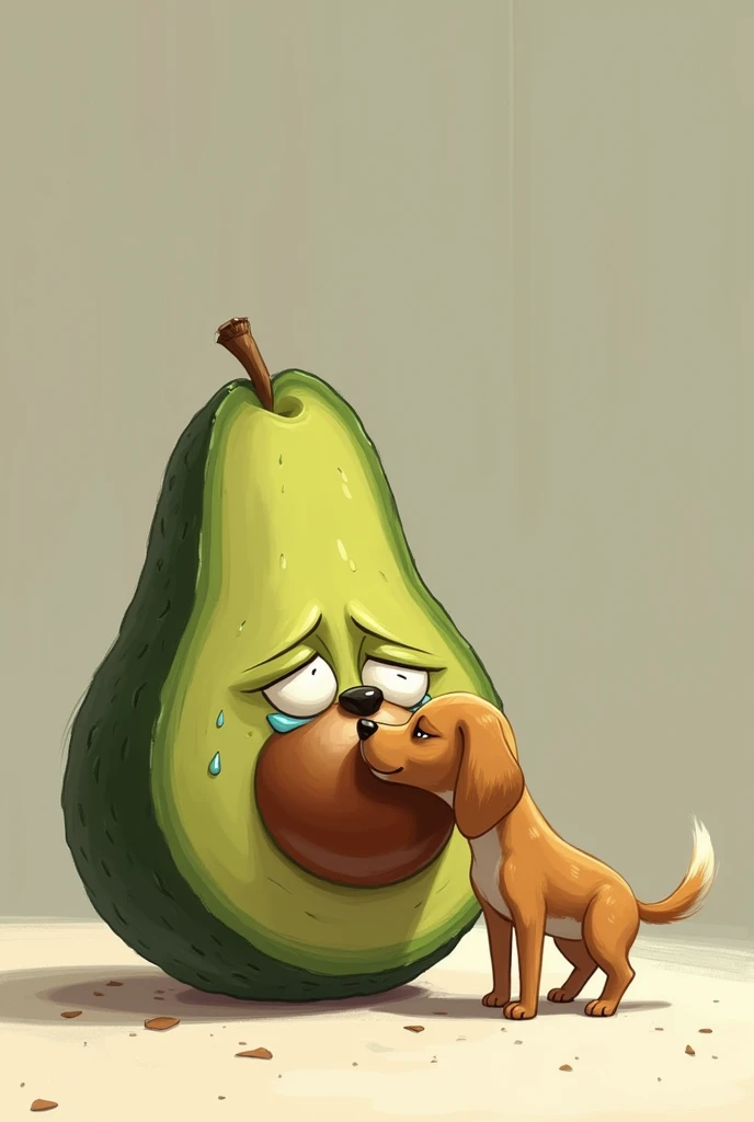 Draw the avocado crying on the floor and the dog next to it