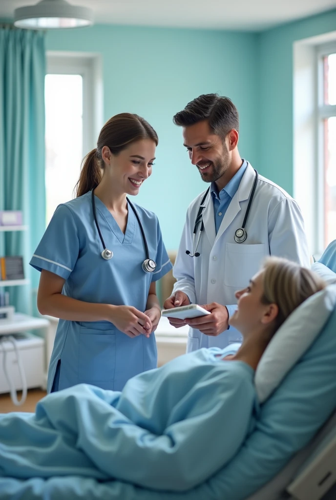 Generate A Pic in Which a Male and female nurse holding a Stethoscope and Giving Care to Patients in Hospital Settings