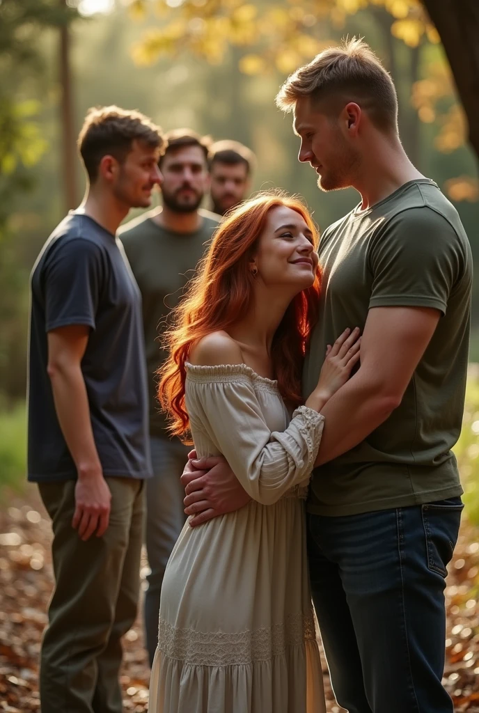 A pretty redhead woman crying on her knees to her handsome blond husband, In front of the handsome blond man another attractive brown-haired man holding his beautiful blond wife and around them watching them 3 ordinary men 
