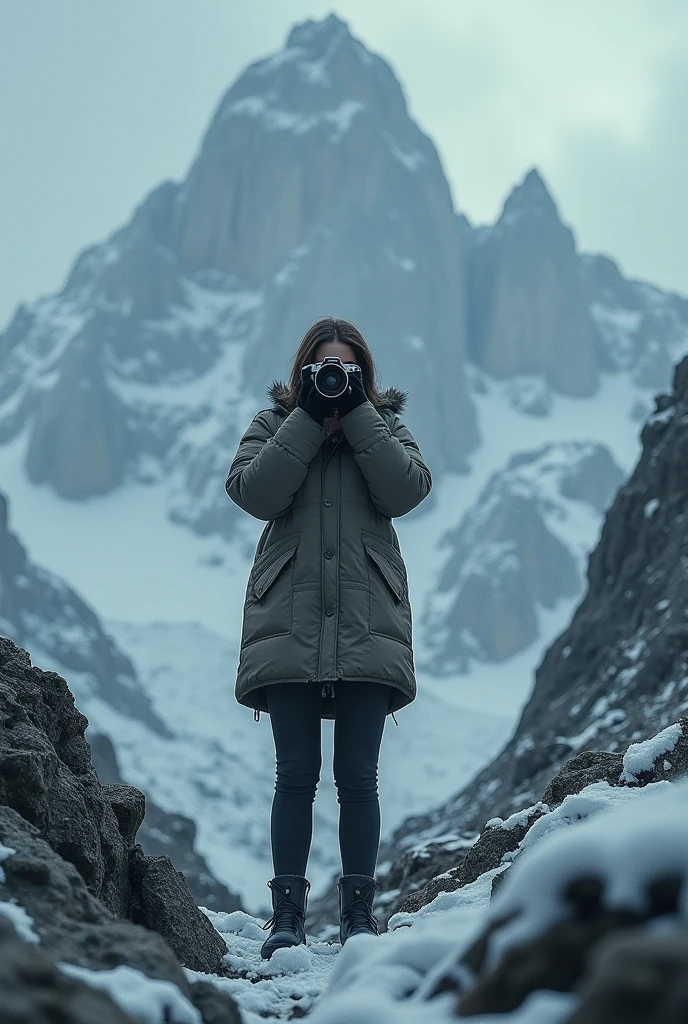 Cold scary A girl taking a selfie in mountain