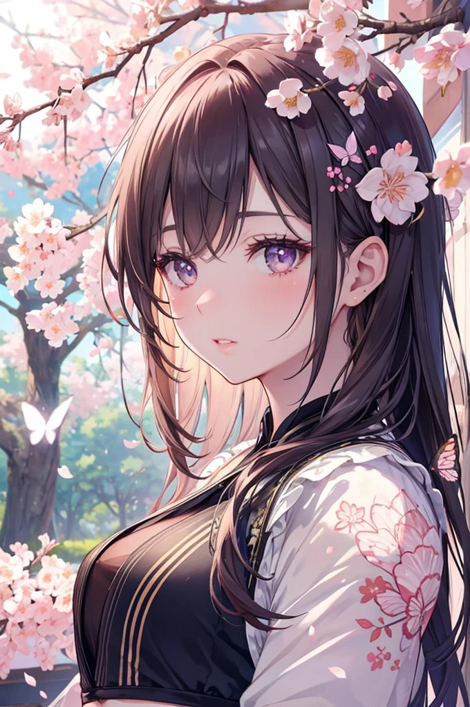 a girl with butterfly wings, landing on a blooming sakura tree, detailed face, belly reveal beautiful detailed eyes, beautiful detailed lips, extremely detailed face and features, long eyelashes, butterfly wings, sakura tree, blooming flowers, detailed petals, detailed textures, photorealistic, 8k, best quality, ultra-detailed, realistic, intricate details, vivid colors, natural lighting, cinematic composition