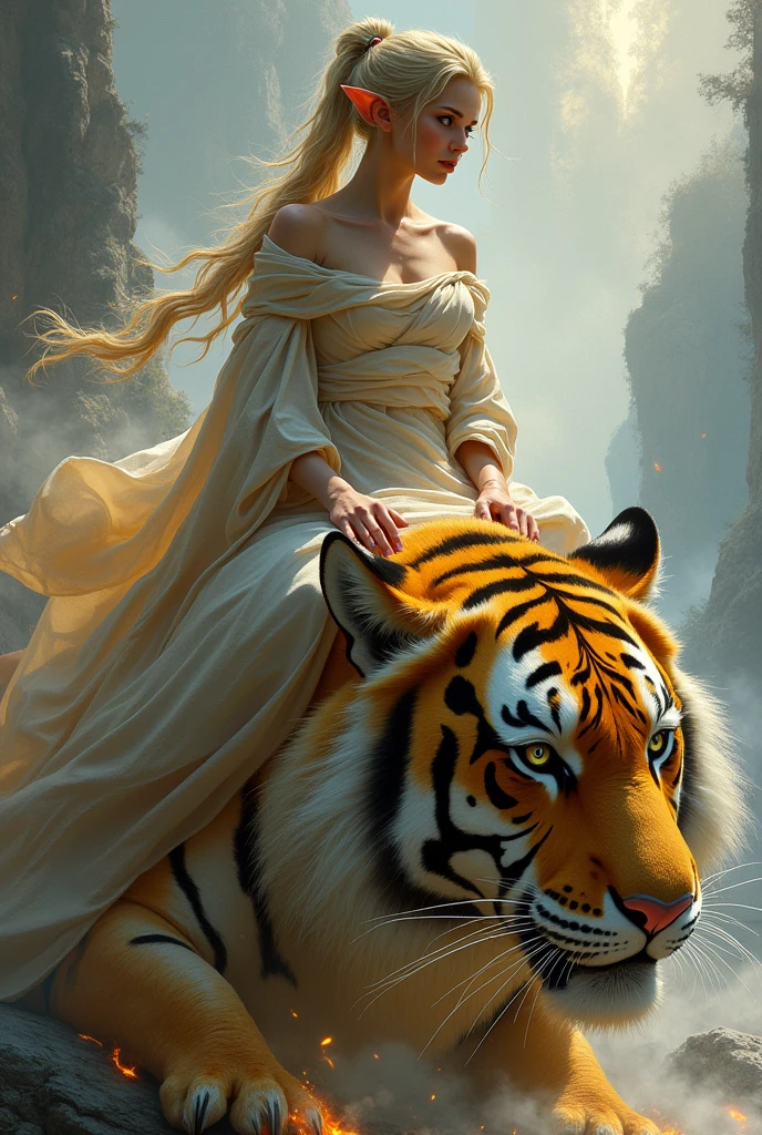 The goddess of war wonders after the battle, body wrapped in silk, fantasy, has shining blue eyes, blonde, with long hair in a ponytail, ears resembling a dwarf. riding a yellow tiger demon with flashes of fire around its claws