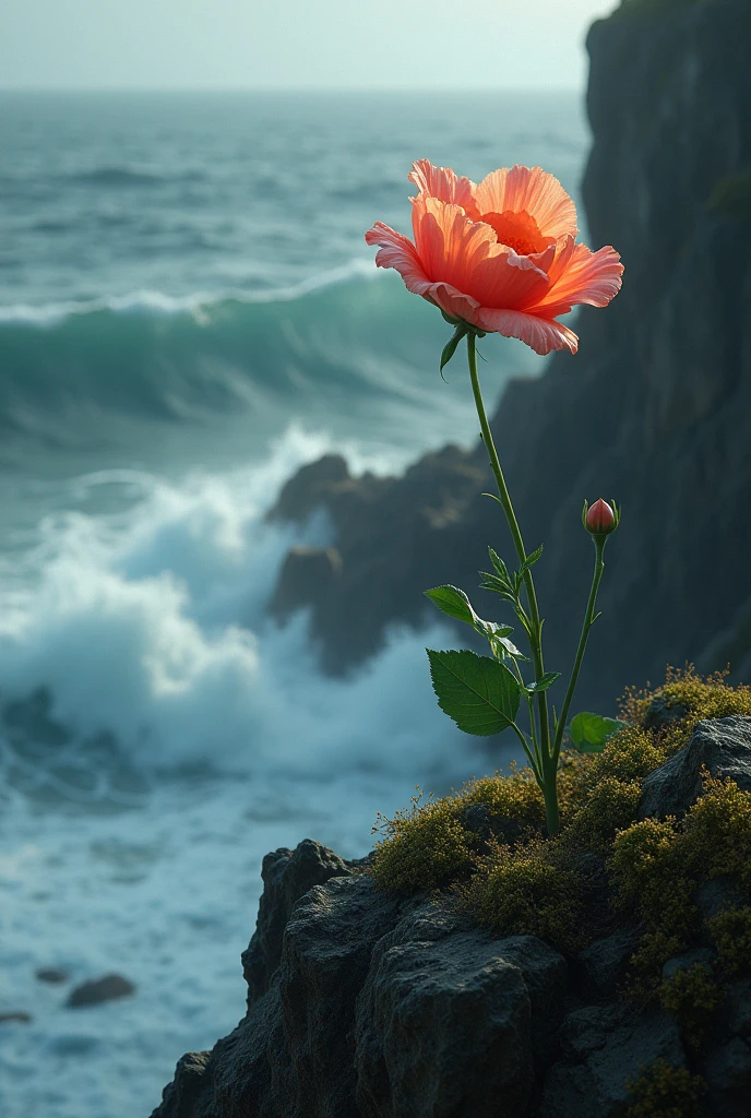 one beautiful flower atop a high cliff, stormy sea underneath