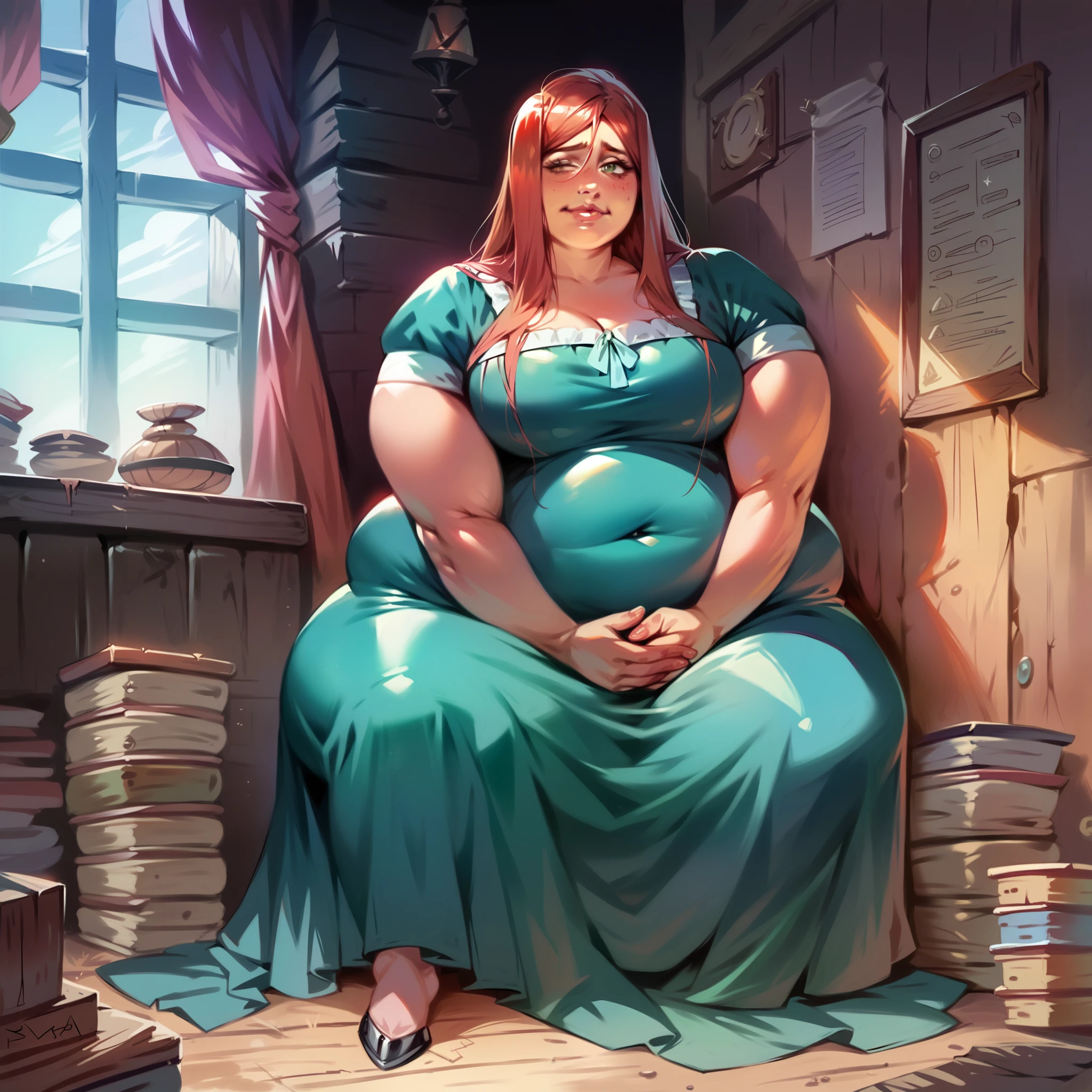 A ((human woman sorceress )) (horny emotions:1.5) tavern background, sitting on ground (()) ,realistic anime style, puffed legs, fat rolls , tight dress, weight gain, off balance,  standing