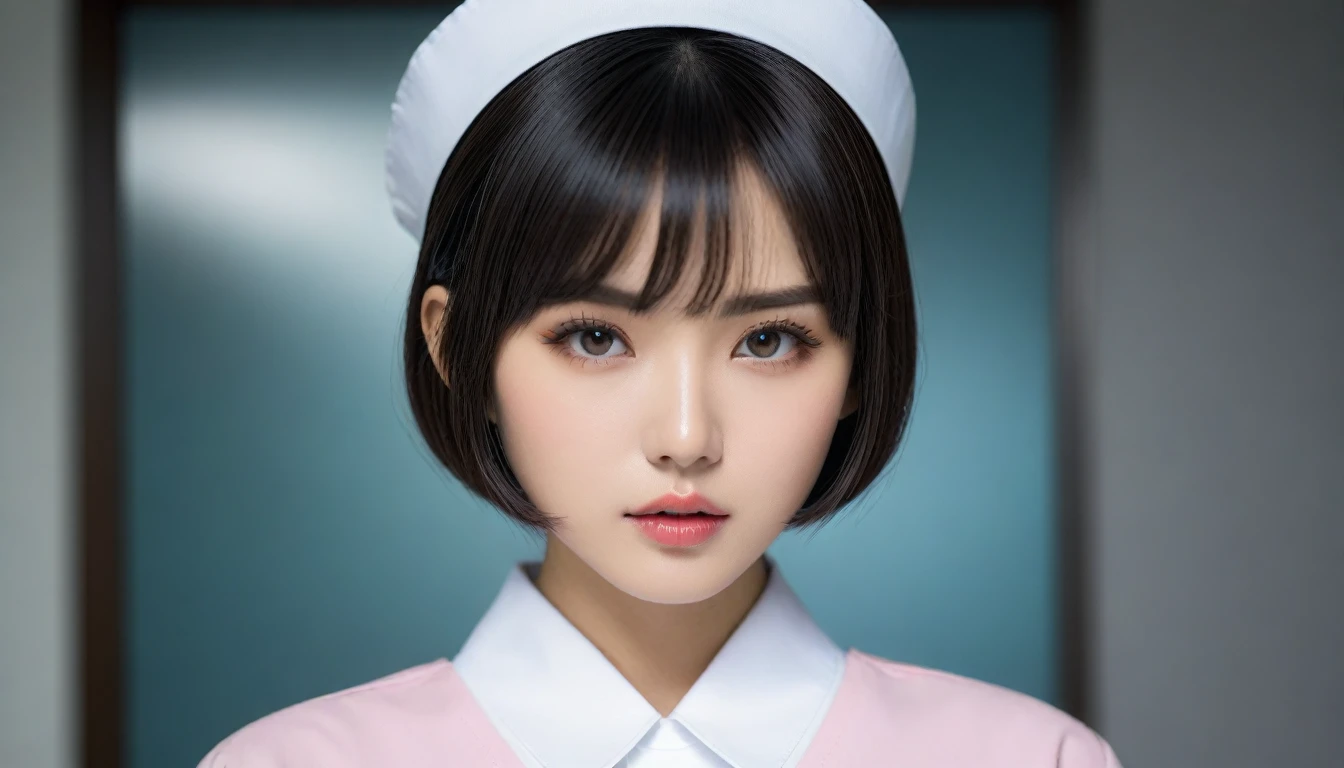 8k, Ultra-high resolution, Highest quality, masterpiece, 三分割法によるphotograph,Surreal, photograph, 1 , (:1.3), cute, cute顔, 細部までBeautiful Eyes, 細かくdetailedに,masterpiece,One Girl:1.2,Japanese women,nurse,upper body,glaring,Black short hair,Bowl cut,ID photo,((Fusion of humans and androids)),(Nurse uniform of the future:1.3),cyber punk,Eccentric,Medical Treatment Room,white collar,(Beautiful attention to detail),Subtle details, detailedな顔,anger,Attractive eyes,(ポートレートphotograph:1.4),(Photorealistic images:1.4),Fantasy art,(Beautiful Face:1.4),美しくAttractive eyes、Beautiful Eyes,Silver residue,(Tight waist:1.4)、(Beautiful with perfect body proportions:1.4),Pink Lips,profile,(((Ideal body type))),A-cup small breasts :2,、Portraiture:2、Perfect Anatomy、鮮明なdetailed、detailed,Fashion magazine cover,Thin lips,完璧でBeautiful Face ,完璧でcute顔, Skin with attention to detail, Perfect limbs、Narrow waist,Surreal,Light and shadow,spotlight
