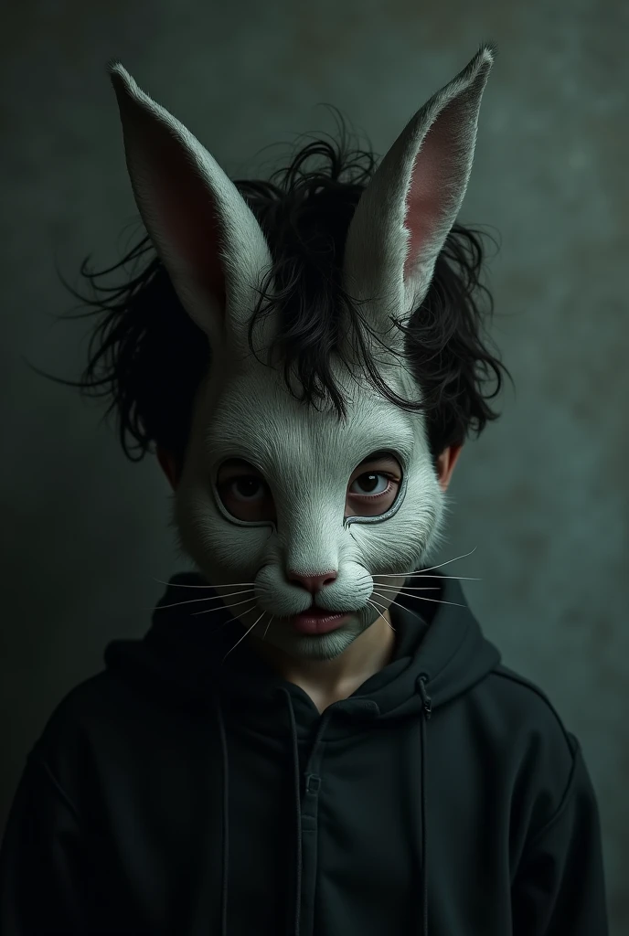 Boy of maximum , dark haired, wearing a slightly creepy rabbit mask with a serious look. Dark setting