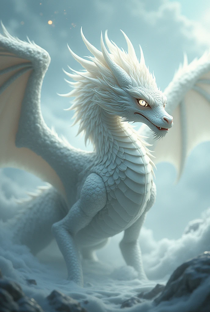 Heavenly-looking white eastern dragon, It has no wings, His look is aggressive, His eyes are white and bright,