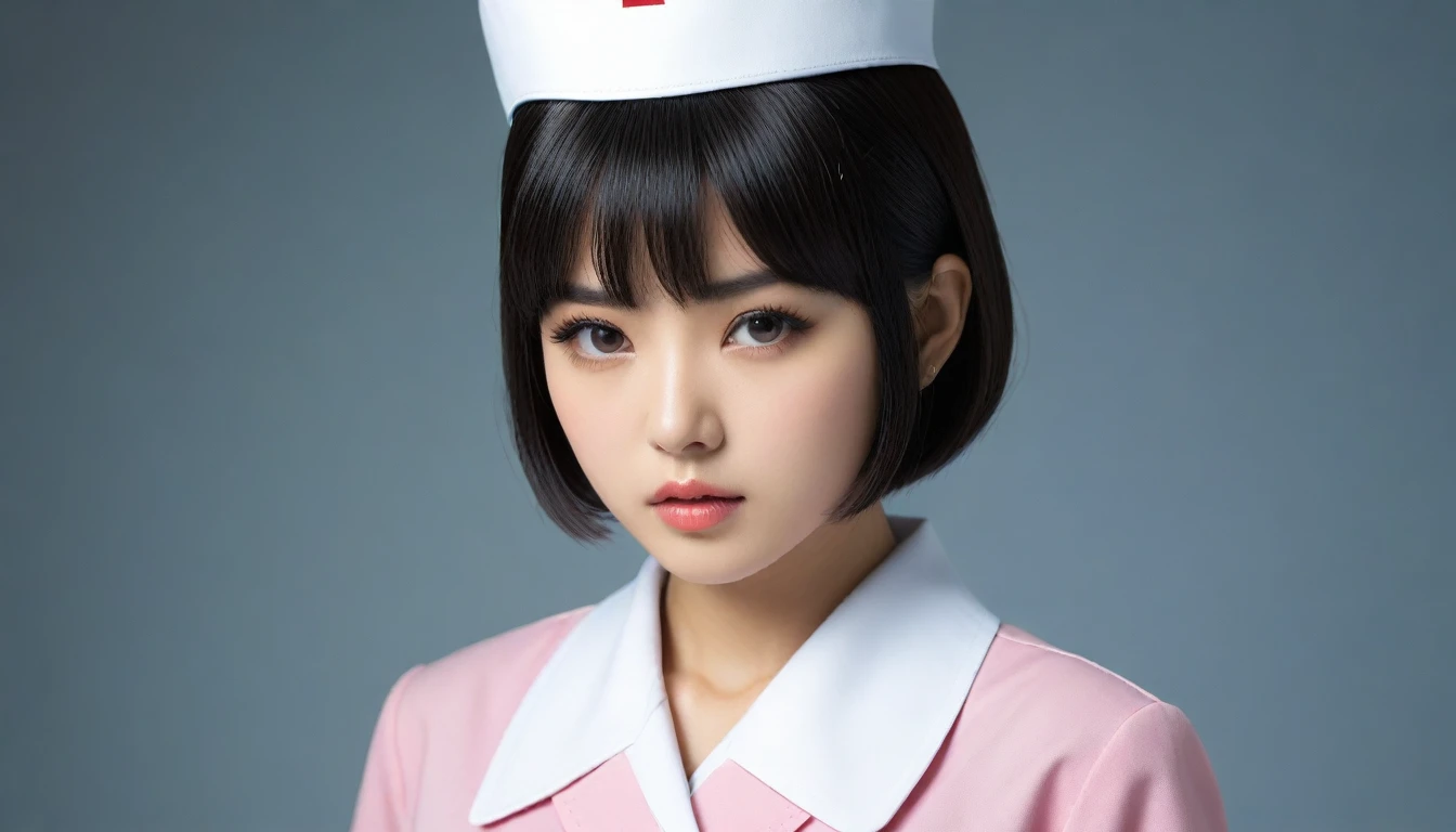 8k, Ultra-high resolution, Highest quality, masterpiece, 三分割法によるphotograph,Surreal, photograph, 1 , (:1.3), cute, cute顔, 細部までBeautiful Eyes, 細かくdetailedに,masterpiece,One Girl:1.2,Japanese women,nurse,upper body,glaring,Black short hair,Bowl cut,ID photo,((Fusion of humans and androids)),(Nurse uniform of the future:1.3),cyber punk,Eccentric,Medical Treatment Room,white collar,(Beautiful attention to detail),Subtle details, detailedな顔,anger,Attractive eyes,(ポートレートphotograph:1.4),(Photorealistic images:1.4),Fantasy art,(Beautiful Face:1.4),美しくAttractive eyes、Beautiful Eyes,Silver residue,(Tight waist:1.4)、(Beautiful with perfect body proportions:1.4),Pink Lips,profile,(((Ideal body type))),A-cup small breasts :2,、Portraiture:2、Perfect Anatomy、鮮明なdetailed、detailed,Fashion magazine cover,Thin lips,完璧でBeautiful Face ,完璧でcute顔, Skin with attention to detail, Perfect limbs、Narrow waist,Surreal,Light and shadow,spotlight