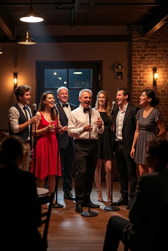 Groupe mixte qui chantent au bar