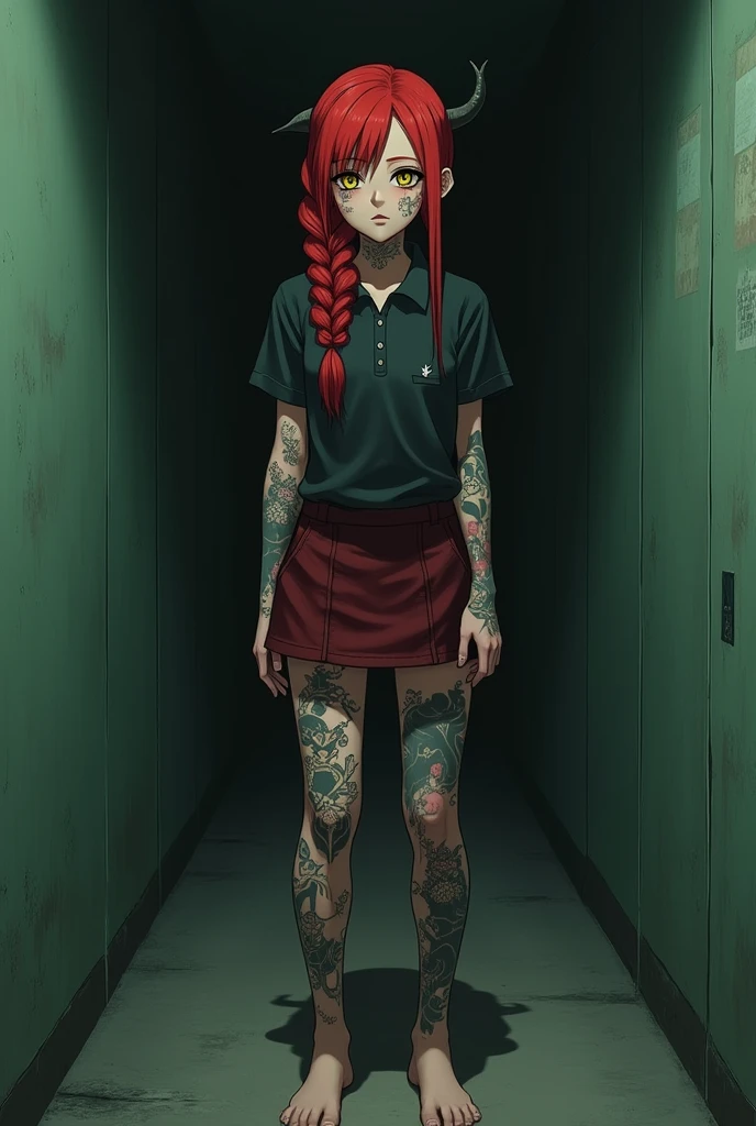 The image is anime style with shadows and dim lights, anime style although somewhat adult and dark, It shows a young woman who is apparently 20 years old., redhead who has her hair in a single large braid, It has only a single small black horn on the right side of its forehead., He has black eye sclera and yellow pupils.. His entire body is tattooed with strange symbols.. She is wearing nothing but a small dark red skirt and a small worn dark red polo shirt.. The background of the image is a green wall. His feet are bare. He looks psychopathic. he would be. evil. you can see his feet. tattooed face. Beautiful feet. a horn. she had, demented