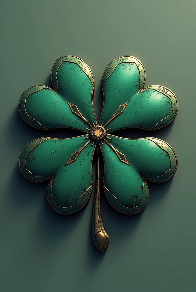 an elegant four-leaf clover shaped projectile, made of light and strong metal. Each leaf of the clover is sharp as a blade, with serrated edges. In the center of the clover, there is a small mechanism to release an electrical charge or an inhibitor gas. The design is compact and aerodynamic, allowing it to be thrown accurately. Its color is dark metallic green Comic book 2d style 